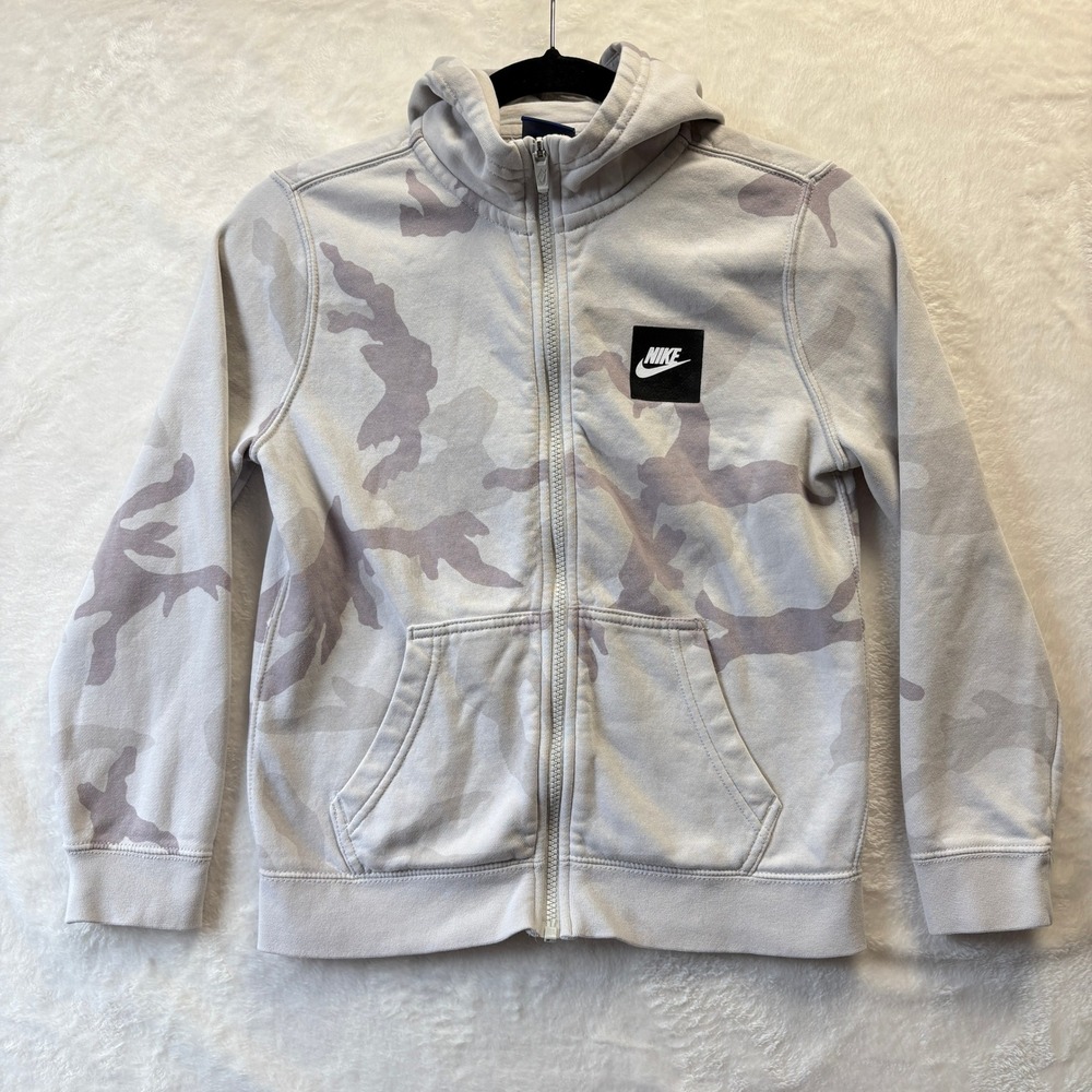 Nike Kids Full Zip Hoodie Boys Sz Medium Gray Camo Print Hooded Long Sleeve